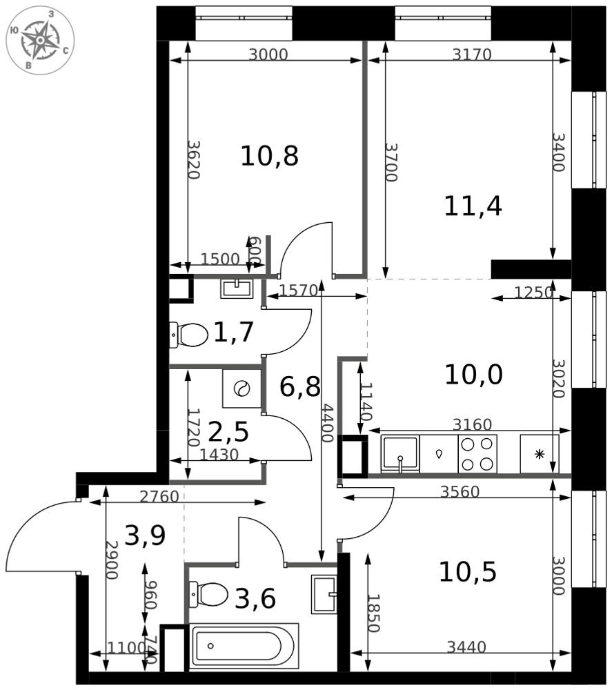 3-комнатная 61 м2 в ЖК 1-й Измайловский корпус null этаж 9