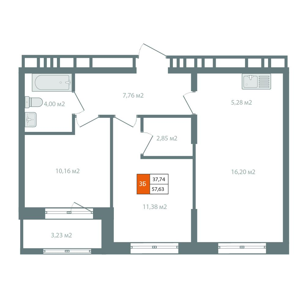 2-комнатная 60 м2 в ЖК Автор корпус null этаж 12