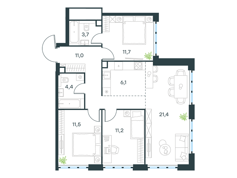 4-комнатная 81 м2 в ЖК Level Южнопортовая корпус null этаж 46