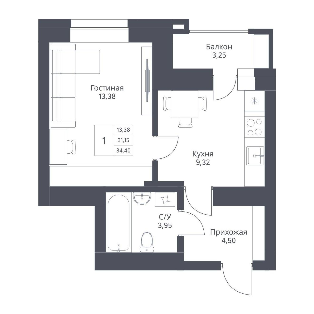 1-комнатная 34 м2 в ЖК АКТИВ корпус null этаж 10