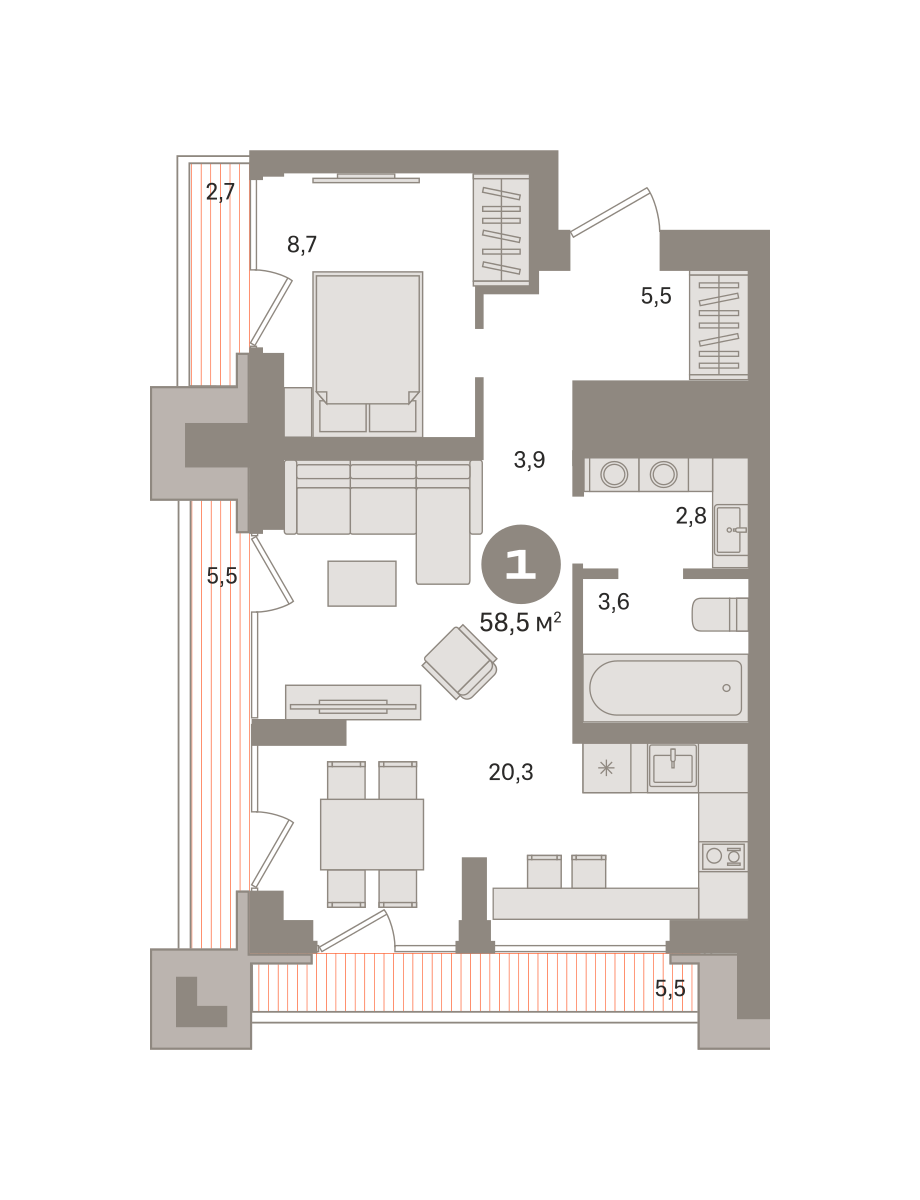 1-комнатная 58 м2 в ЖК Квартал Издание корпус null этаж 11