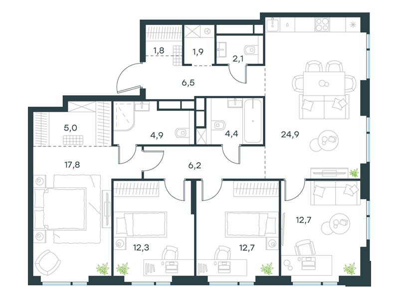 4-комнатная 113 м2 в ЖК Level Войковская корпус null этаж 20