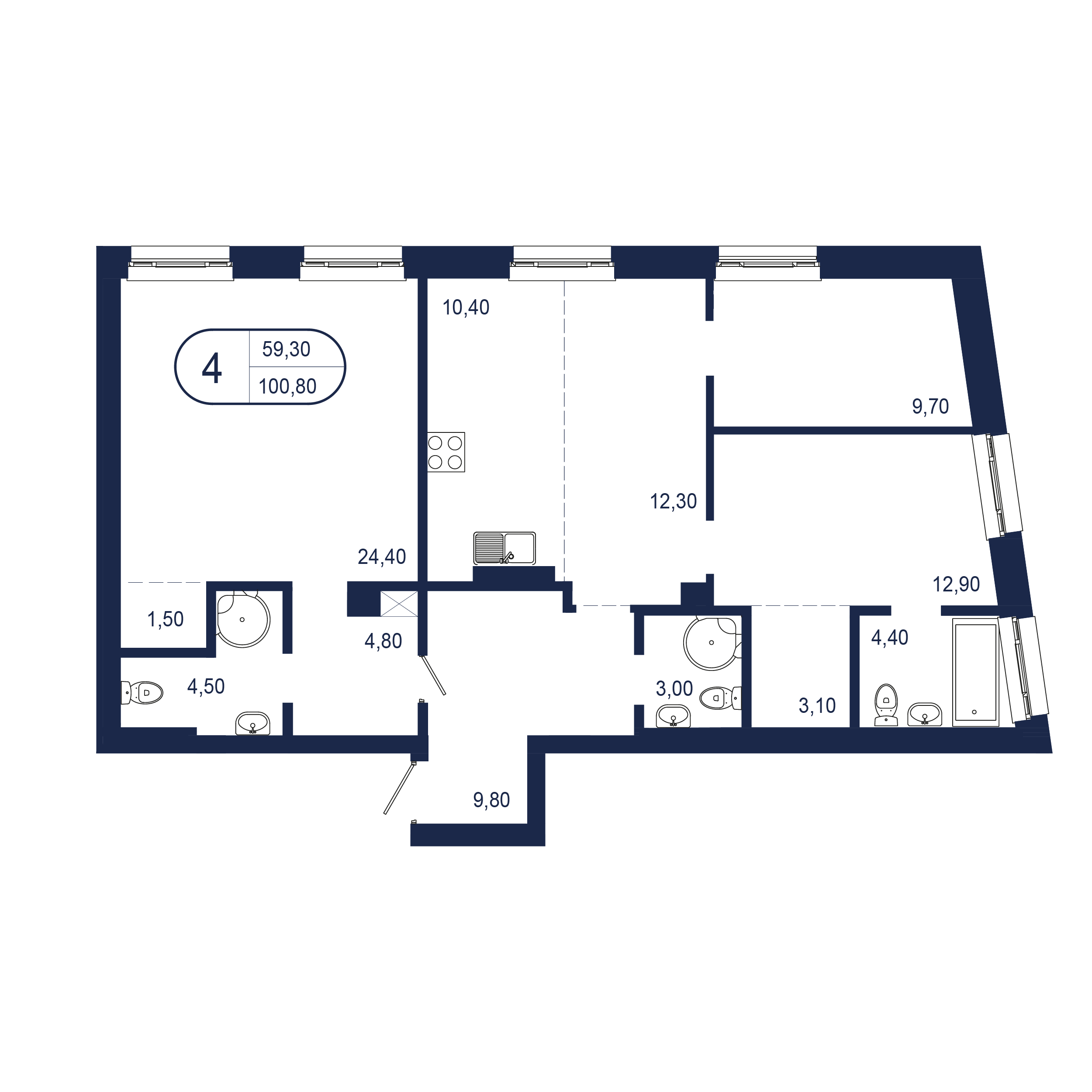 4-комнатная 100 м2 в ЖК Клубный дом «NEW BRIDGE» корпус null этаж 3