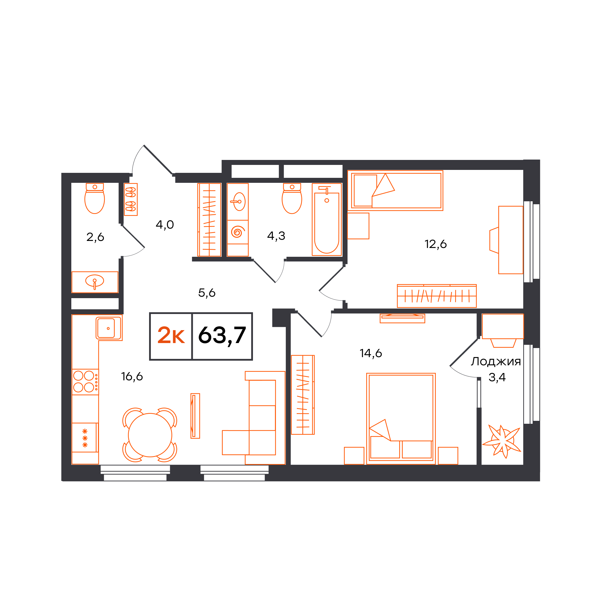 2-комнатная 63 м2 в ЖК Отличие корпус null этаж 6