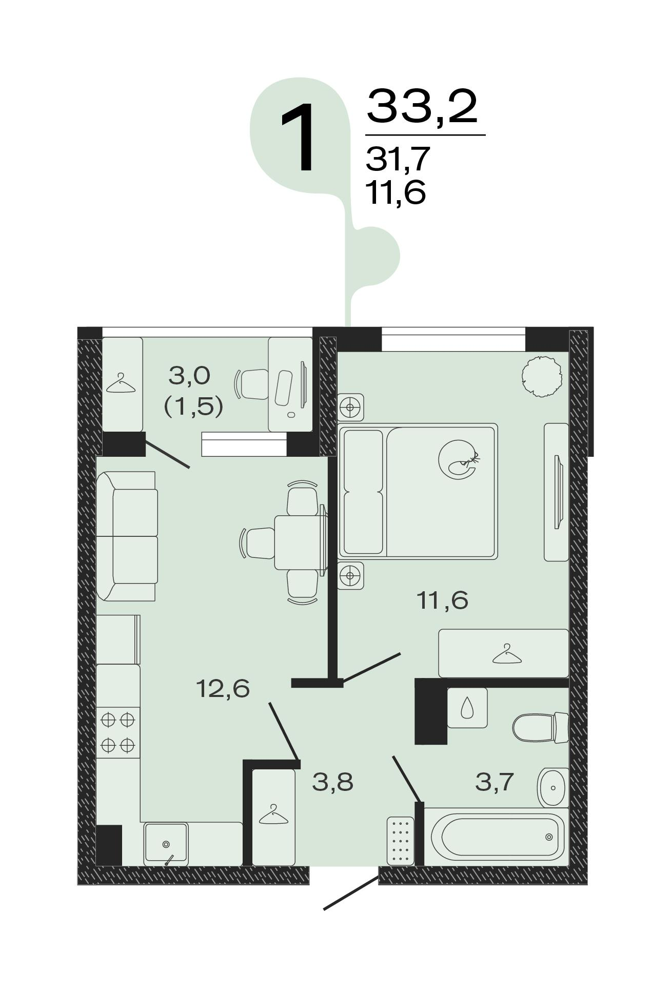 1-комнатная 33 м2 в ЖК ЭВО корпус null этаж 4