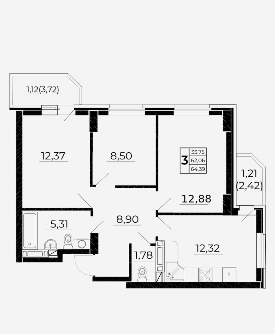 3-комнатная 65 м2 в ЖК undefined корпус null этаж 4