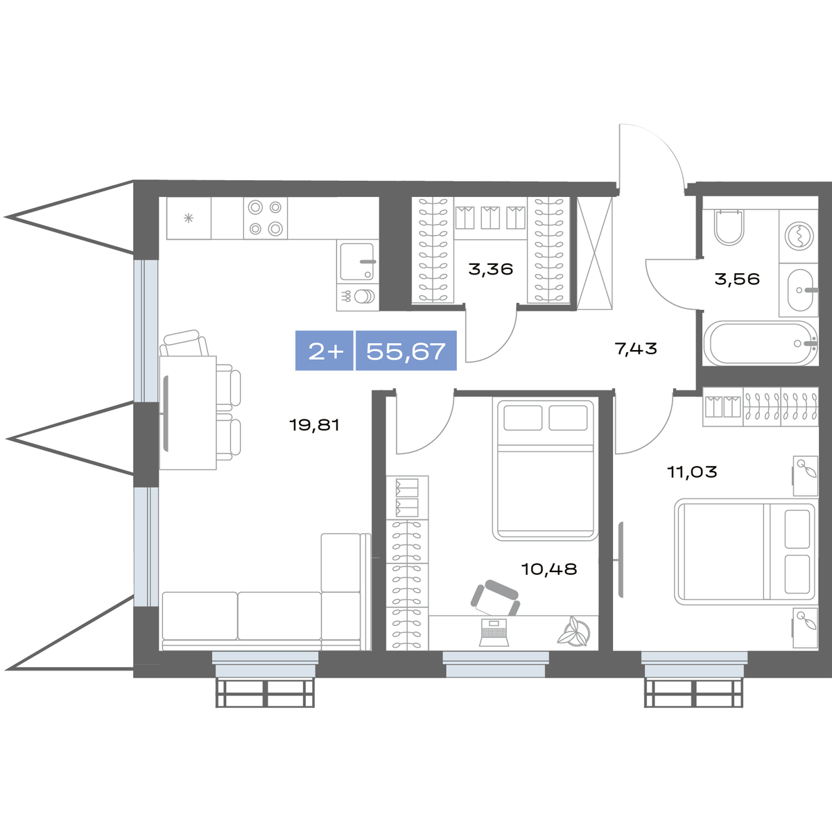 2-комнатная 55 м2 в ЖК Толк Медный корпус null этаж 21