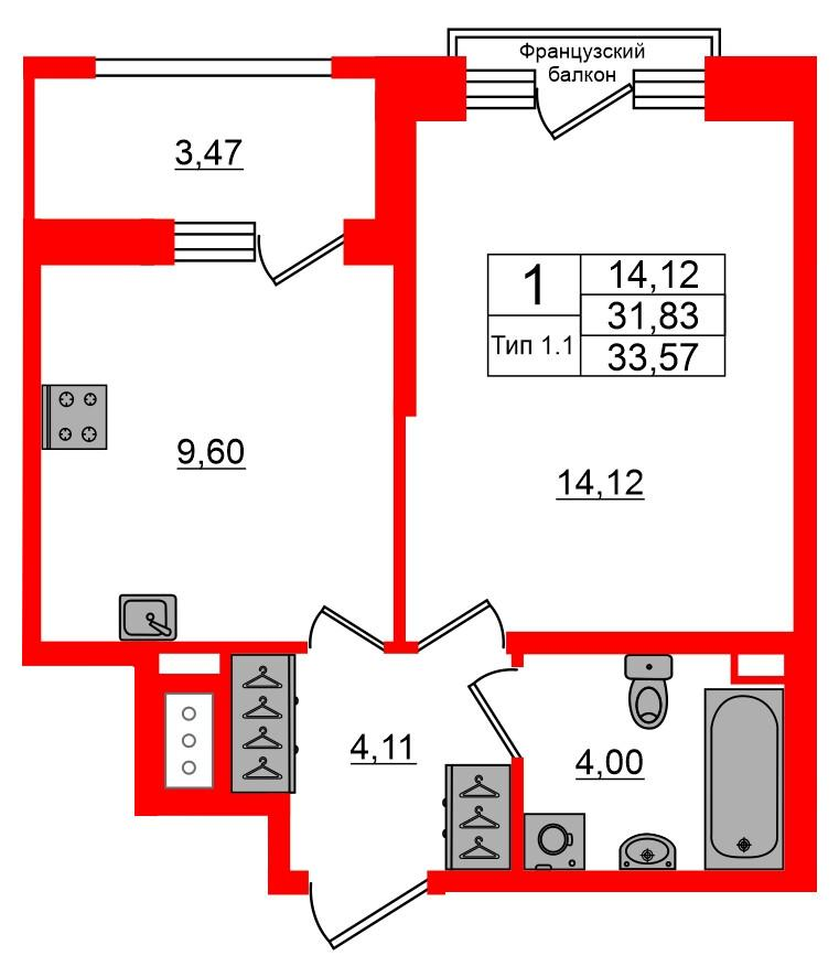 1-комнатная 31 м2 в ЖК Setl Ривьера корпус null этаж 3