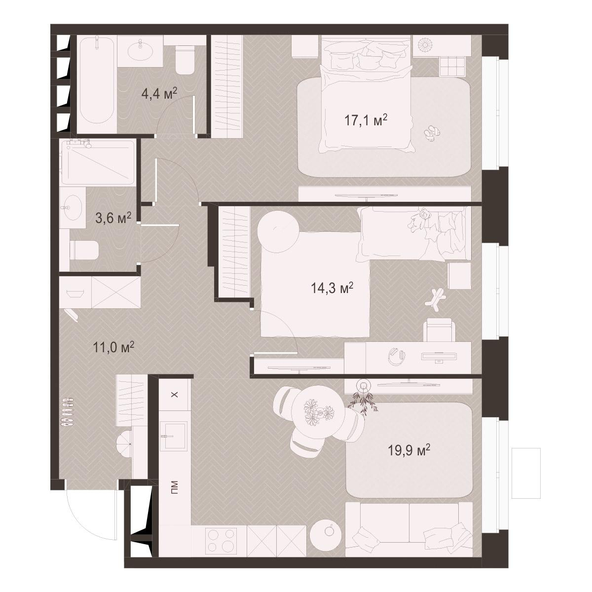 2-комнатная 70 м2 в ЖК Гранд Комфорт-3 корпус null этаж 5