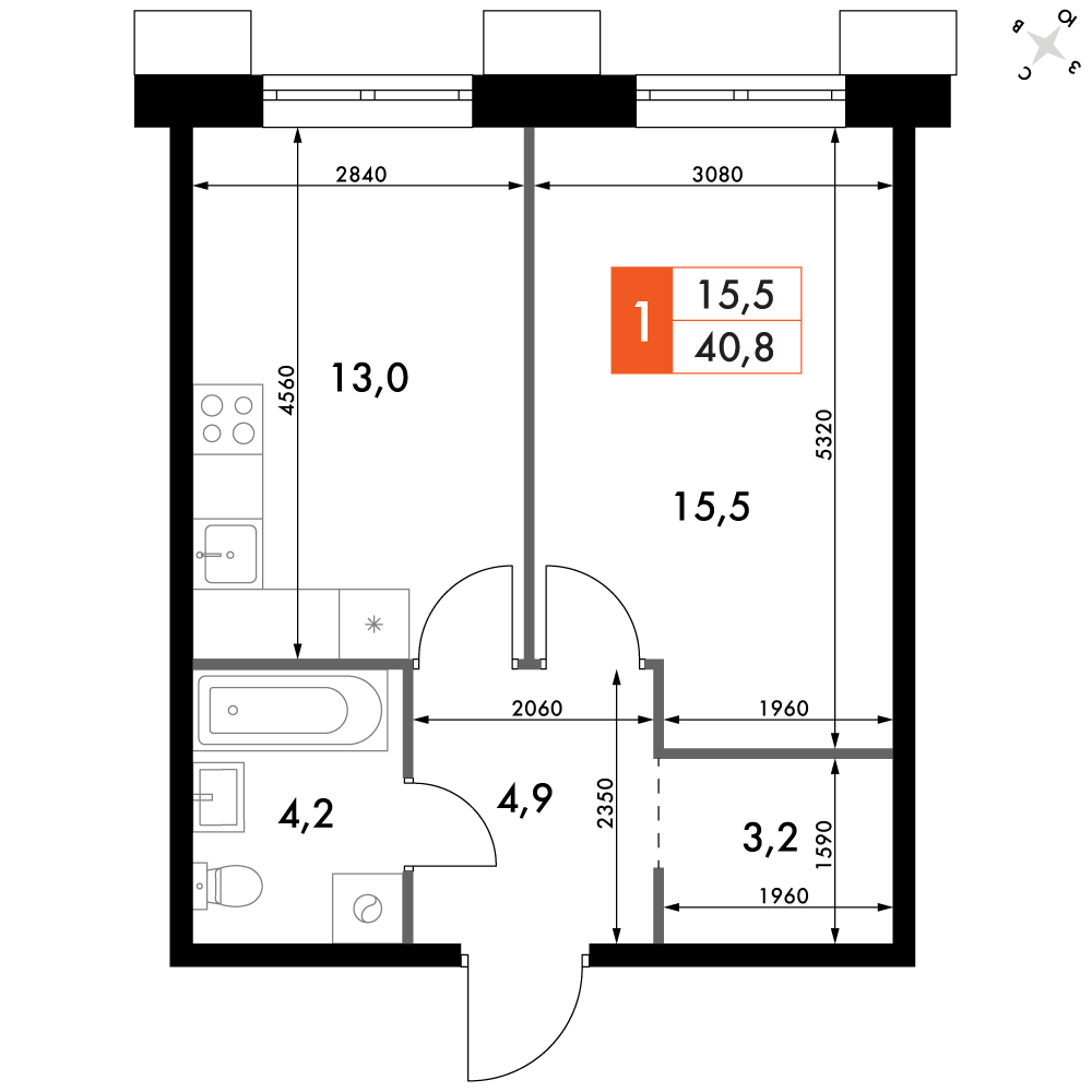 1-комнатная 40 м2 в ЖК Флагман корпус null этаж 5