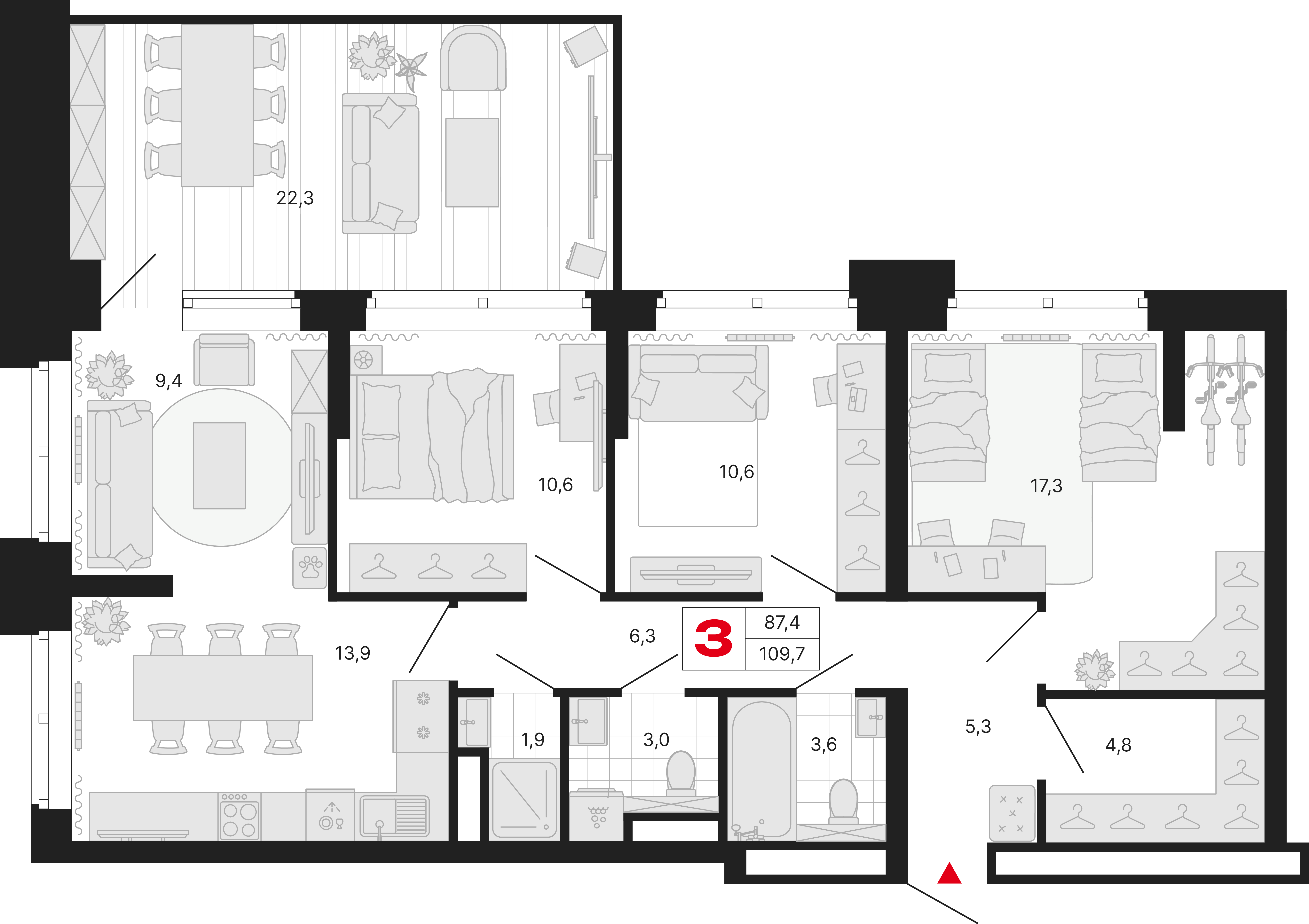 3-комнатная 109 м2 в ЖК Бестселлер корпус null этаж 3
