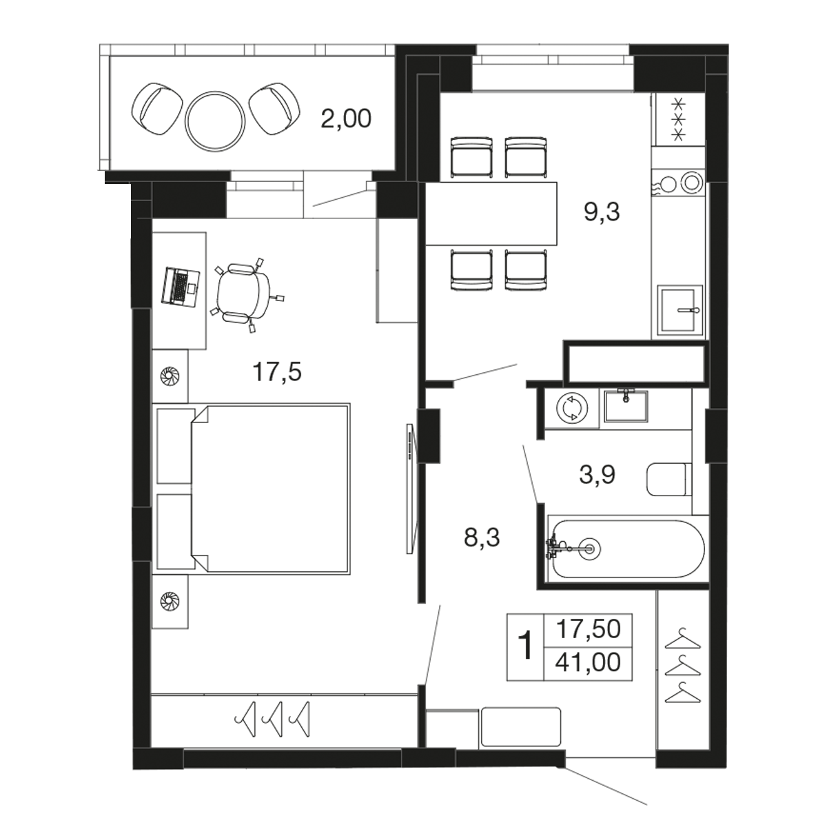 1-комнатная 41 м2 в ЖК Времена года корпус null этаж 3