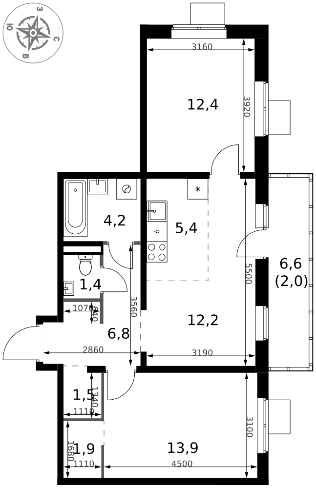 3-комнатная 61 м2 в ЖК 1-й Ясеневский корпус null этаж 4
