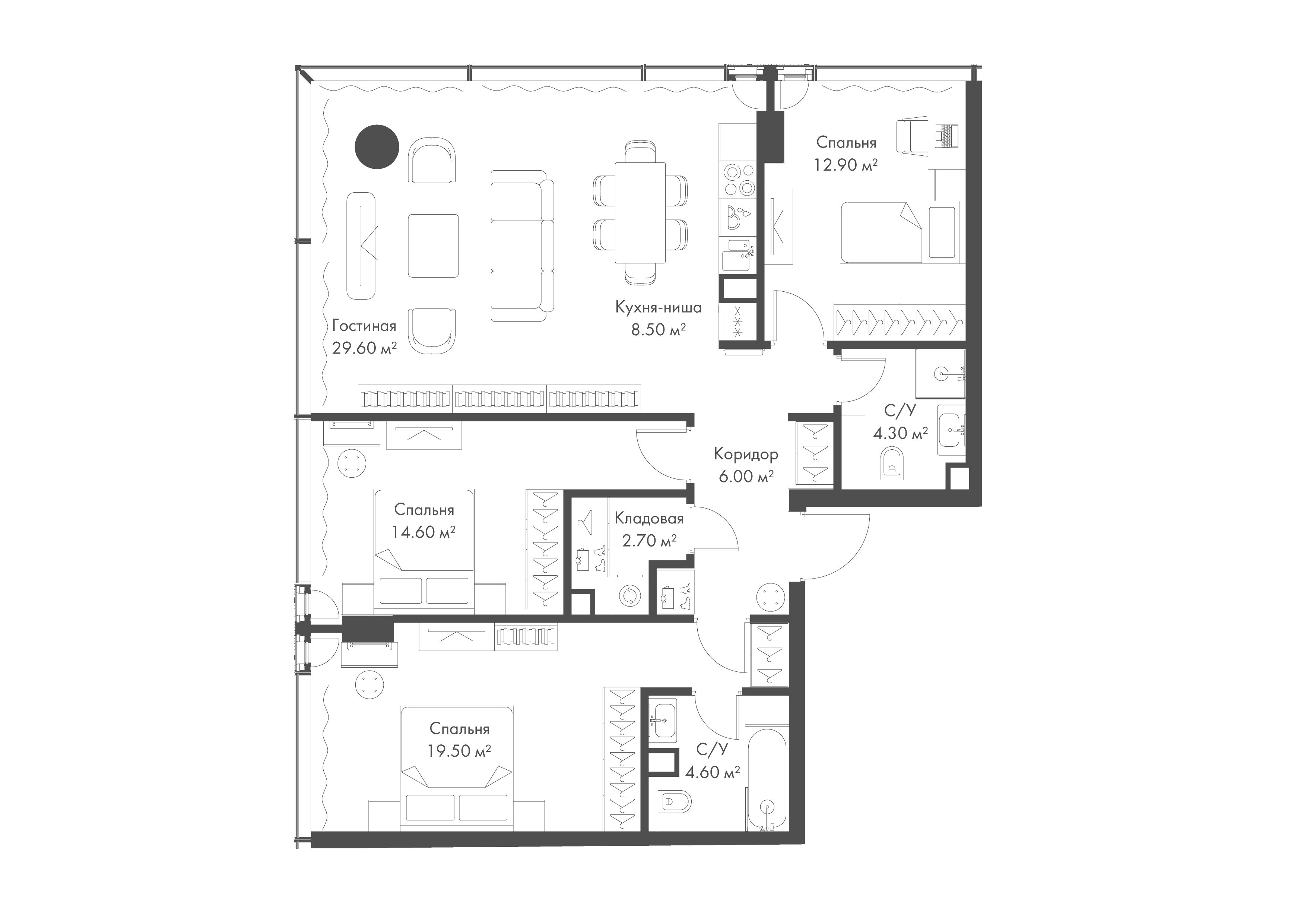 3-комнатная 102 м2 в ЖК СЛАВА корпус null этаж 29