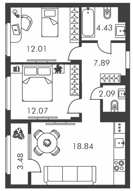 3-комнатная 58.5 м2 в ЖК undefined корпус null этаж 7