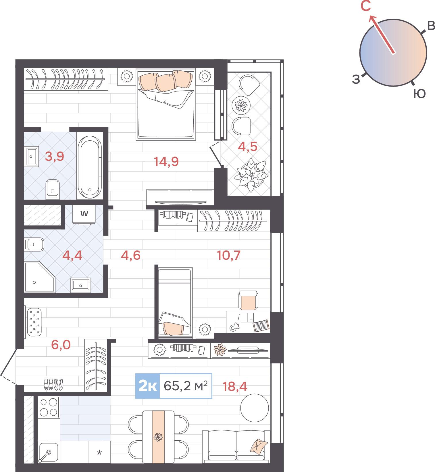 2-комнатная 65 м2 в ЖК ДА корпус null этаж 3