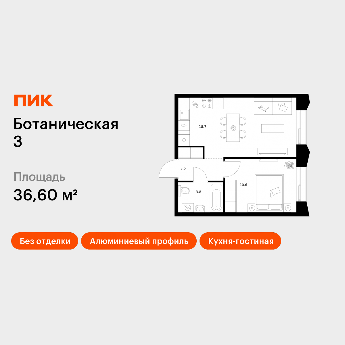 1-комнатная 36 м2 в ЖК Ботаническая 3 корпус null этаж 8