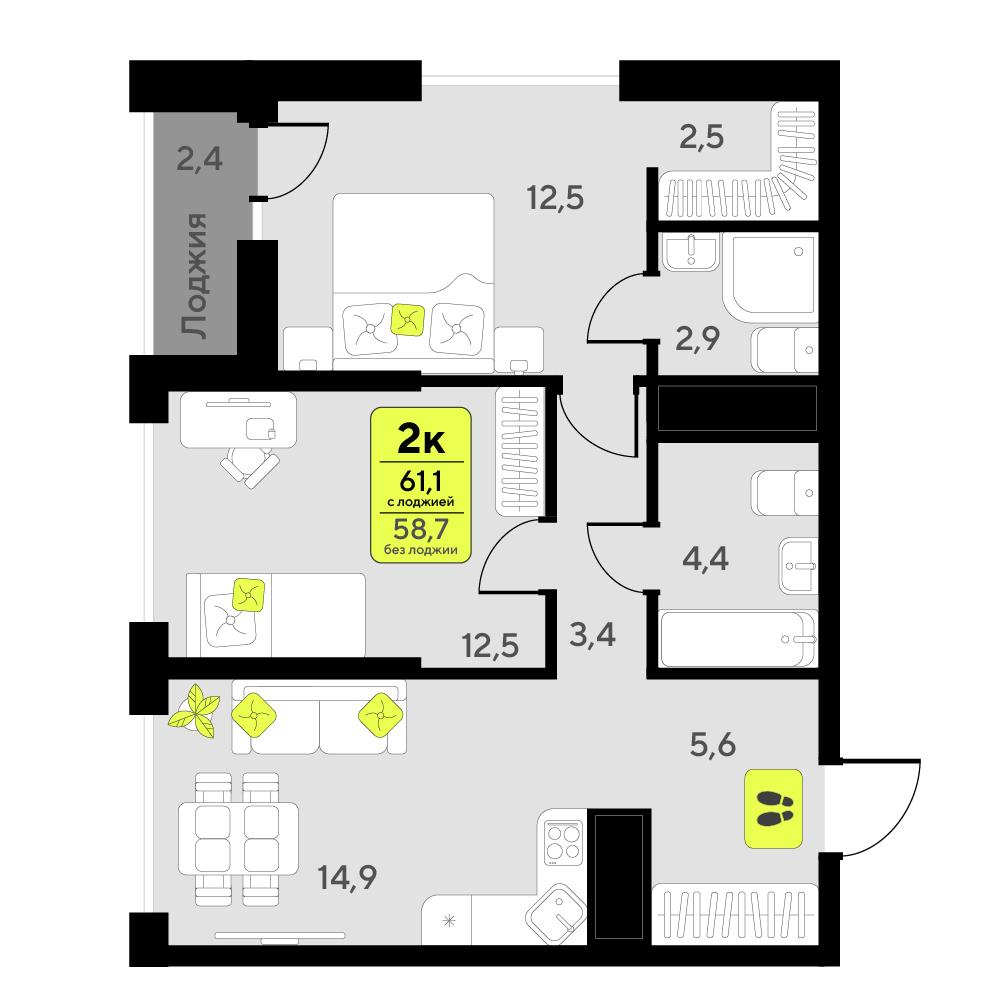 2-комнатная 61 м2 в ЖК Мотивы корпус null этаж 11
