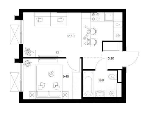 1-комнатная 31.9 м2 в ЖК undefined корпус null этаж 21