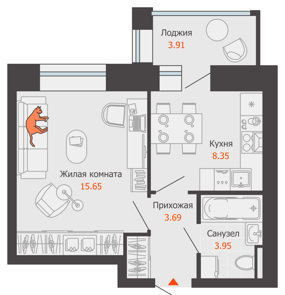 1-комнатная 34 м2 в ЖК ZNAK корпус null этаж 1