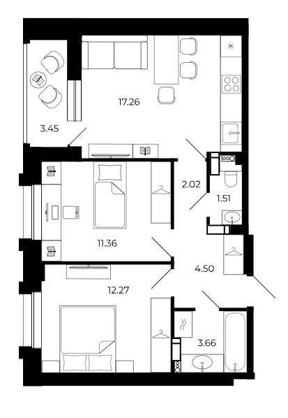 2-комнатная 56 м2 в ЖК undefined корпус null этаж 9