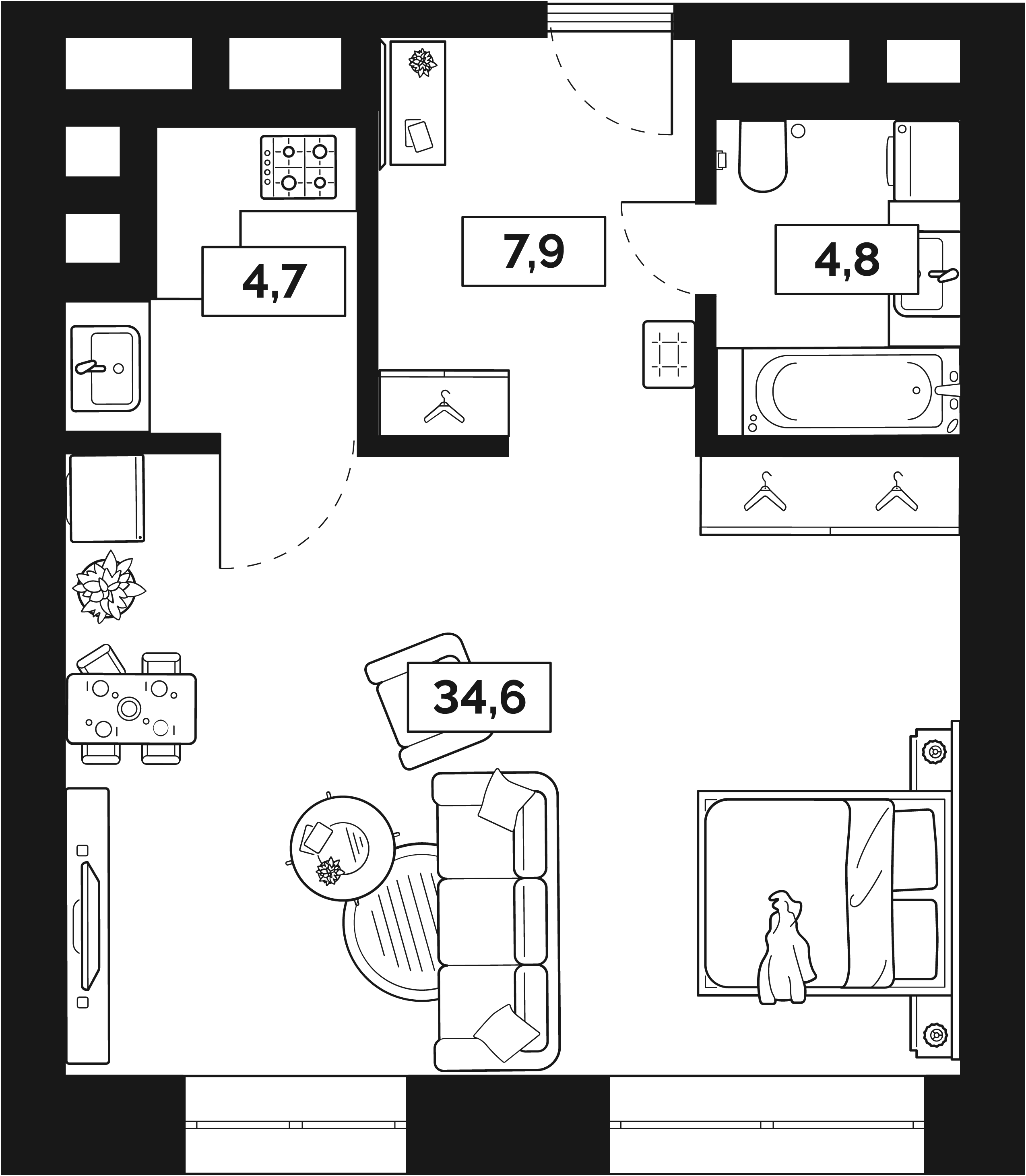 1-комнатная 52 м2 в ЖК Лайм корпус null этаж 23