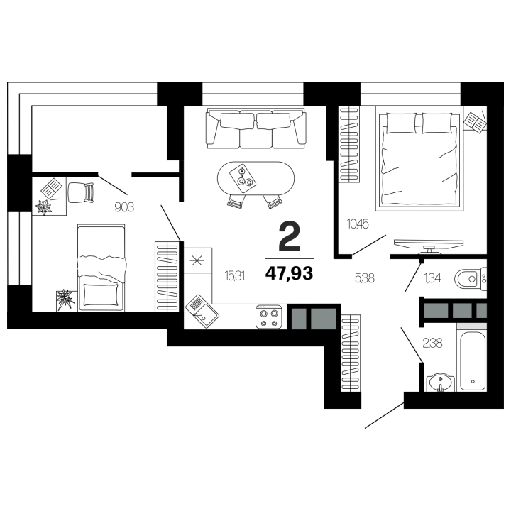 2-комнатная 47.9 м2 в ЖК undefined корпус null этаж 6