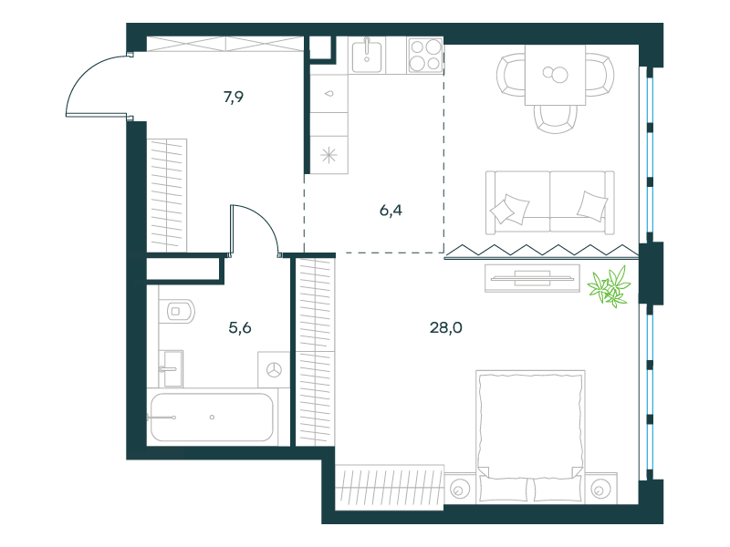1-комнатная 47 м2 в ЖК Левел Южнопортовая корпус null этаж 46