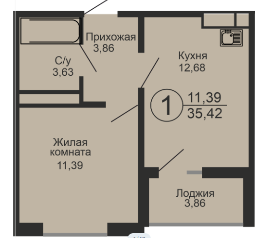 1-комнатная 35.4 м2 в ЖК undefined корпус null этаж 11