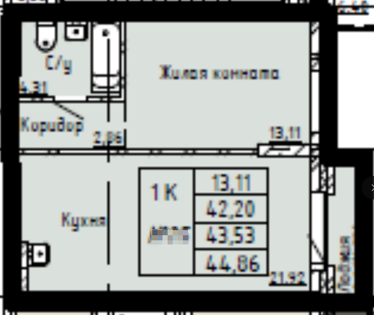 1-комнатная 44.9 м2 в ЖК undefined корпус null этаж 2