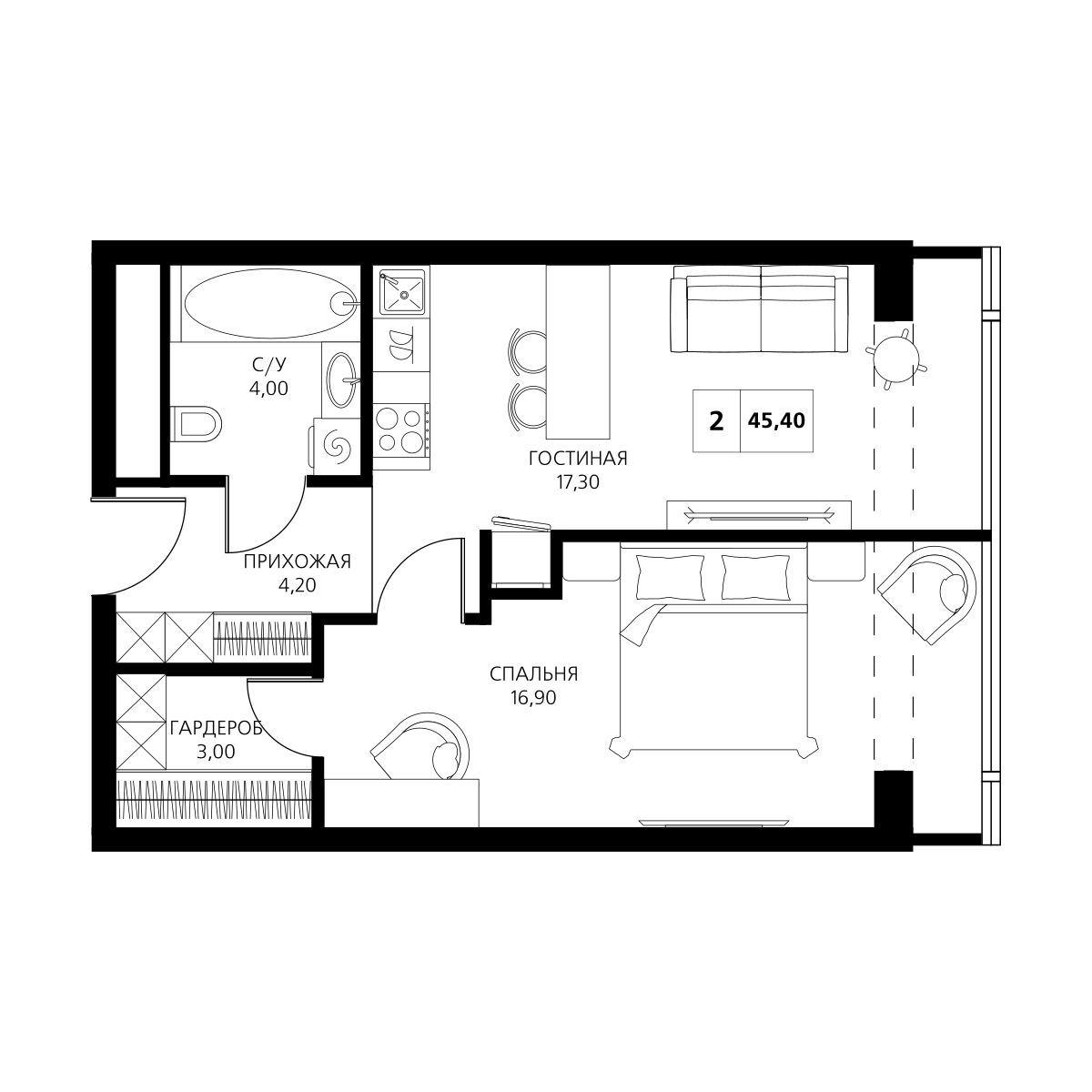 2-комнатная 45 м2 в ЖК Аксис Центр корпус null этаж 8