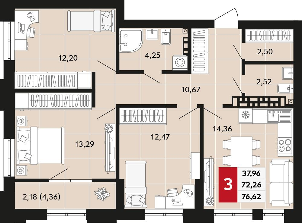 3-комнатная 76 м2 в ЖК Невский корпус null этаж 14