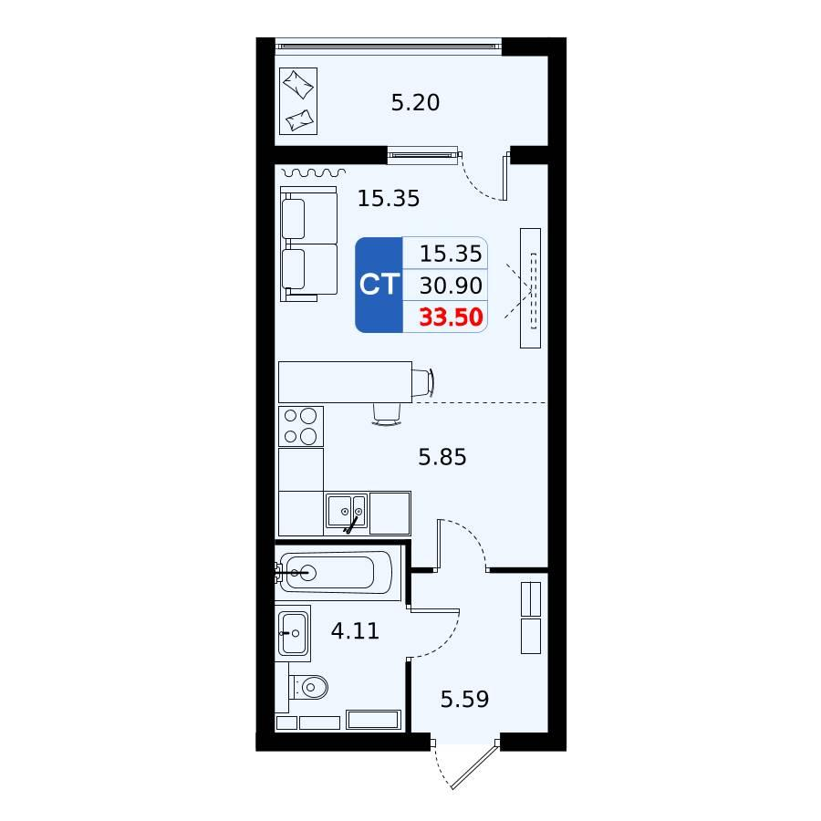 Студия 33 м2 в ЖК Домодедово парк корпус null этаж 9