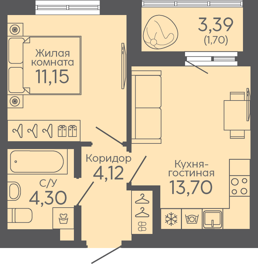 1-комнатная 34 м2 в ЖК Район «Новокольцовский» корпус null этаж 15