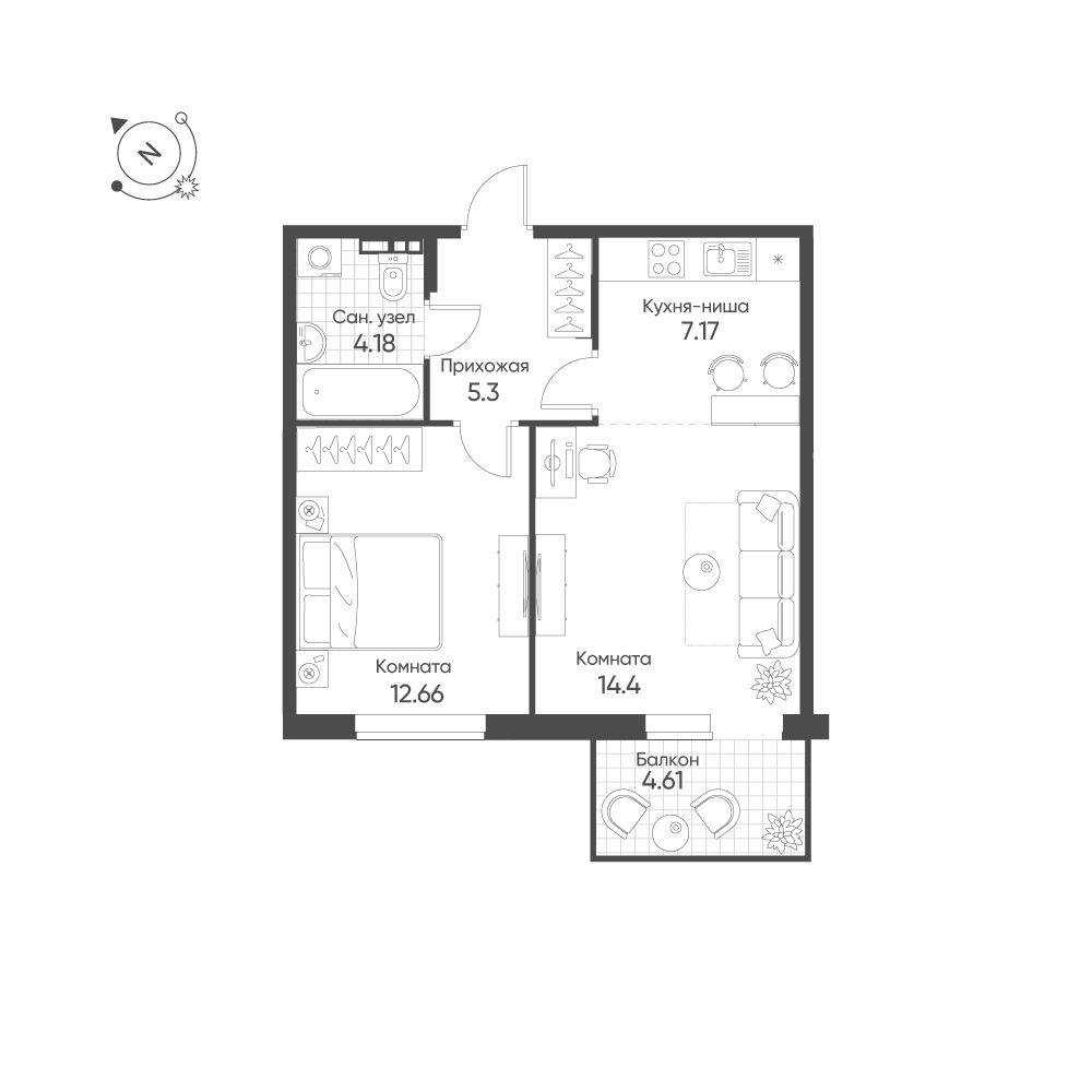 2-комнатная 45 м2 в ЖК Балтым-Парк корпус null этаж 4