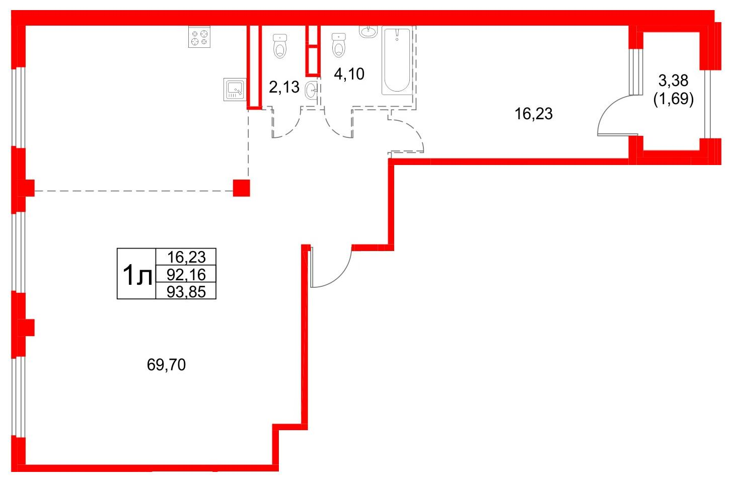 1-комнатная 93 м2 в ЖК Кронфорт. Центральный корпус null этаж 4