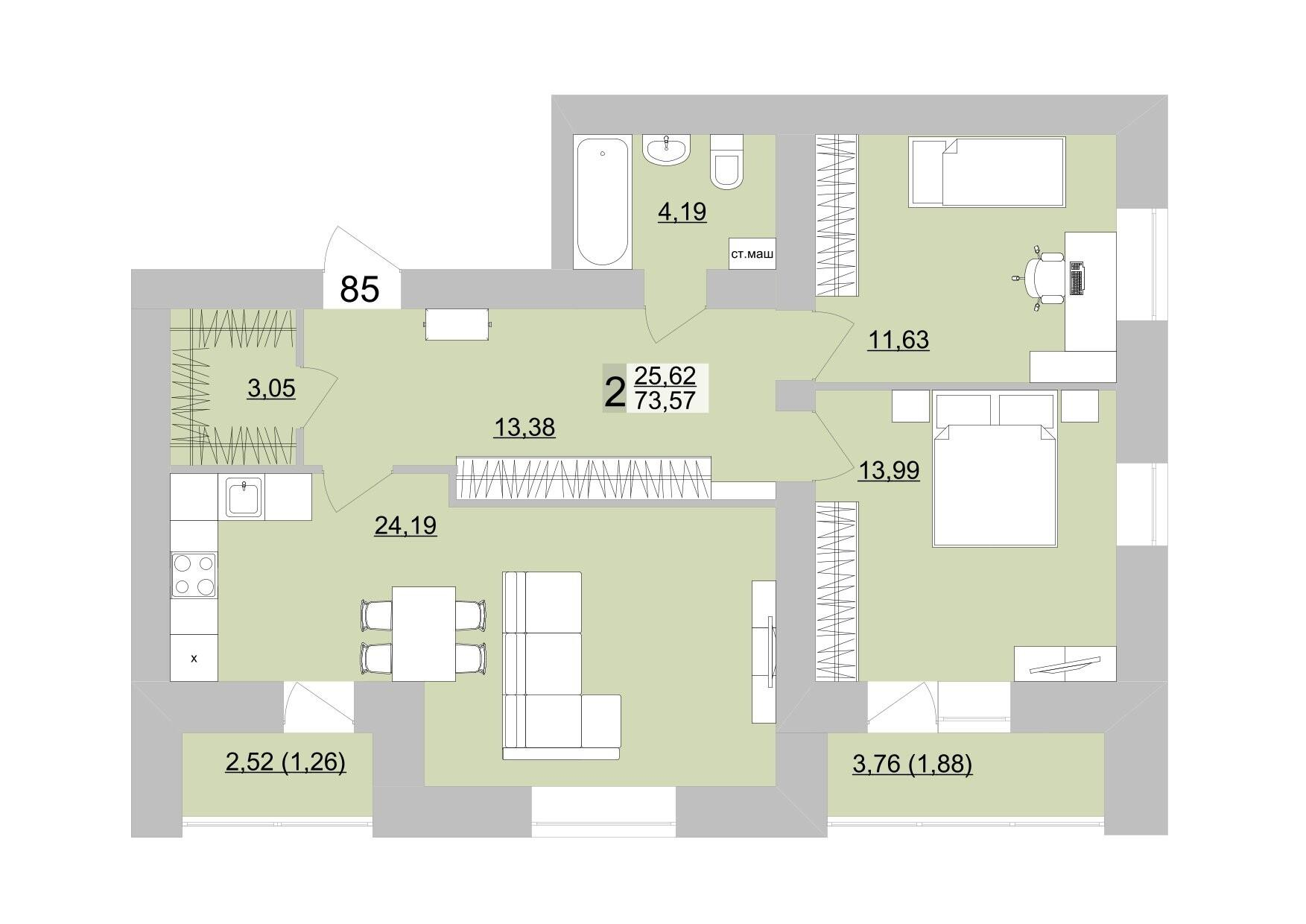 2-комнатная 76 м2 в ЖК Философия Идеалистов на Театральной корпус null этаж 15