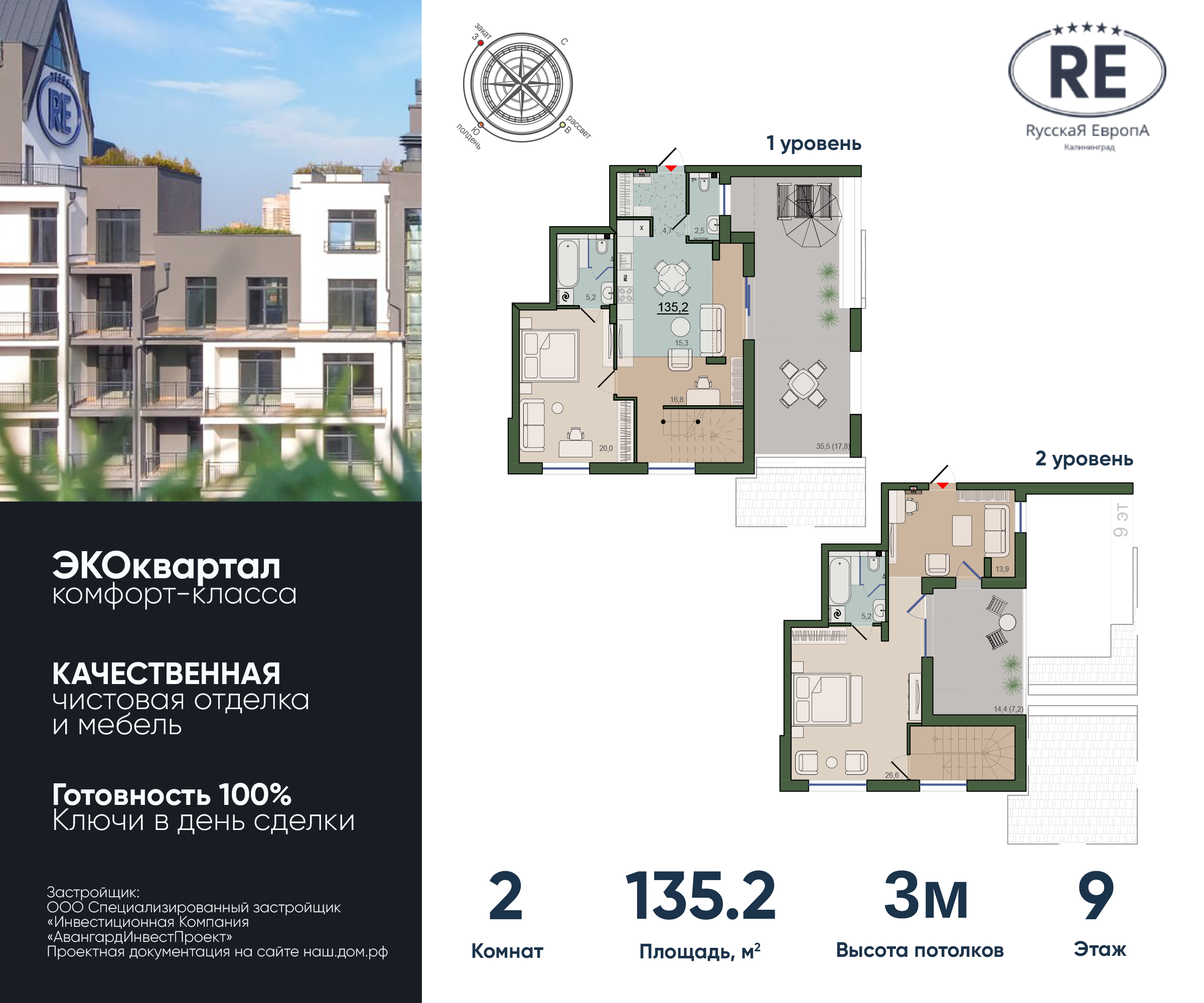 2-комнатная 135 м2 в ЖК Адрес Счастья корпус null этаж 9