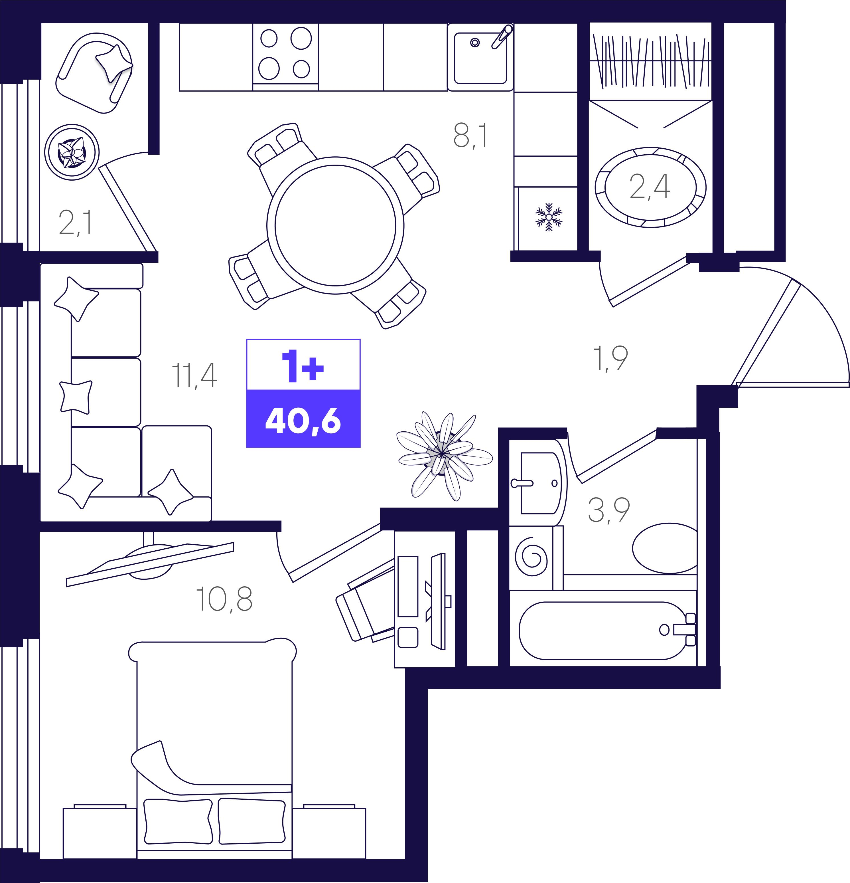 2-комнатная 40 м2 в ЖК Отличие корпус null этаж 8