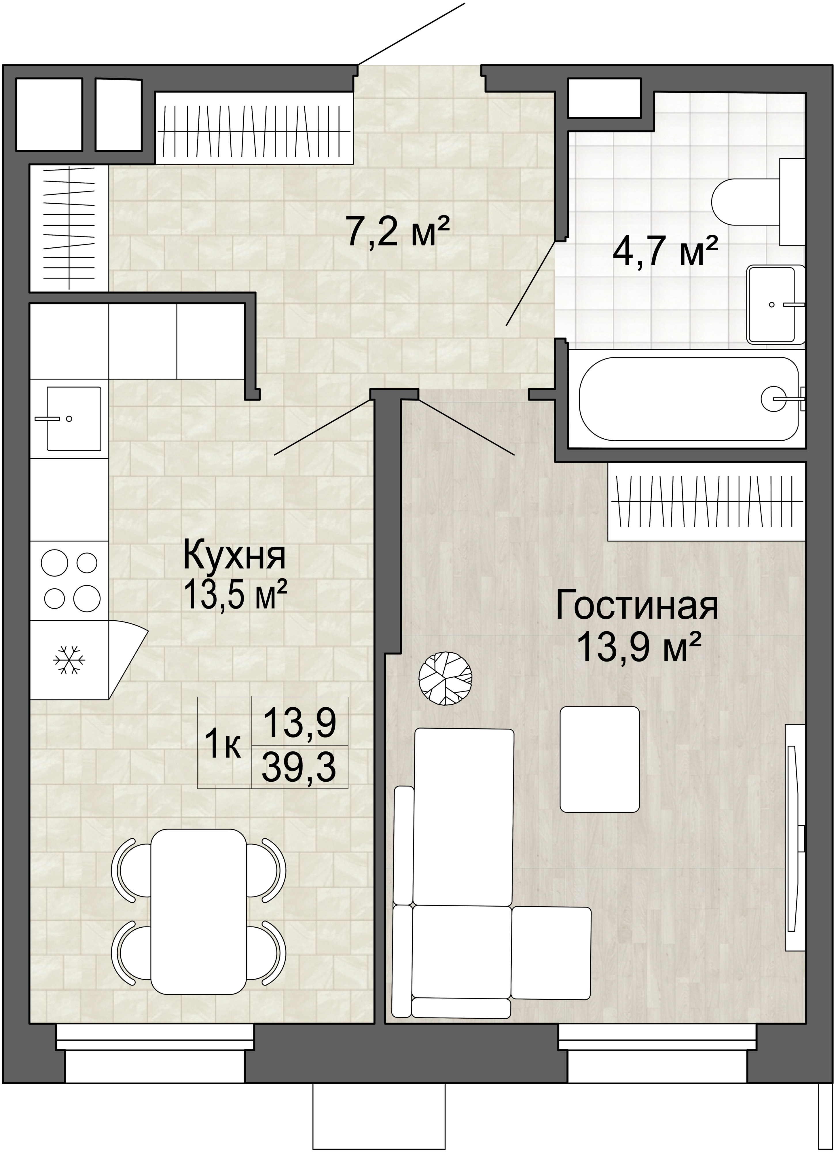 1-комнатная 39 м2 в ЖК Green 2 корпус null этаж 2