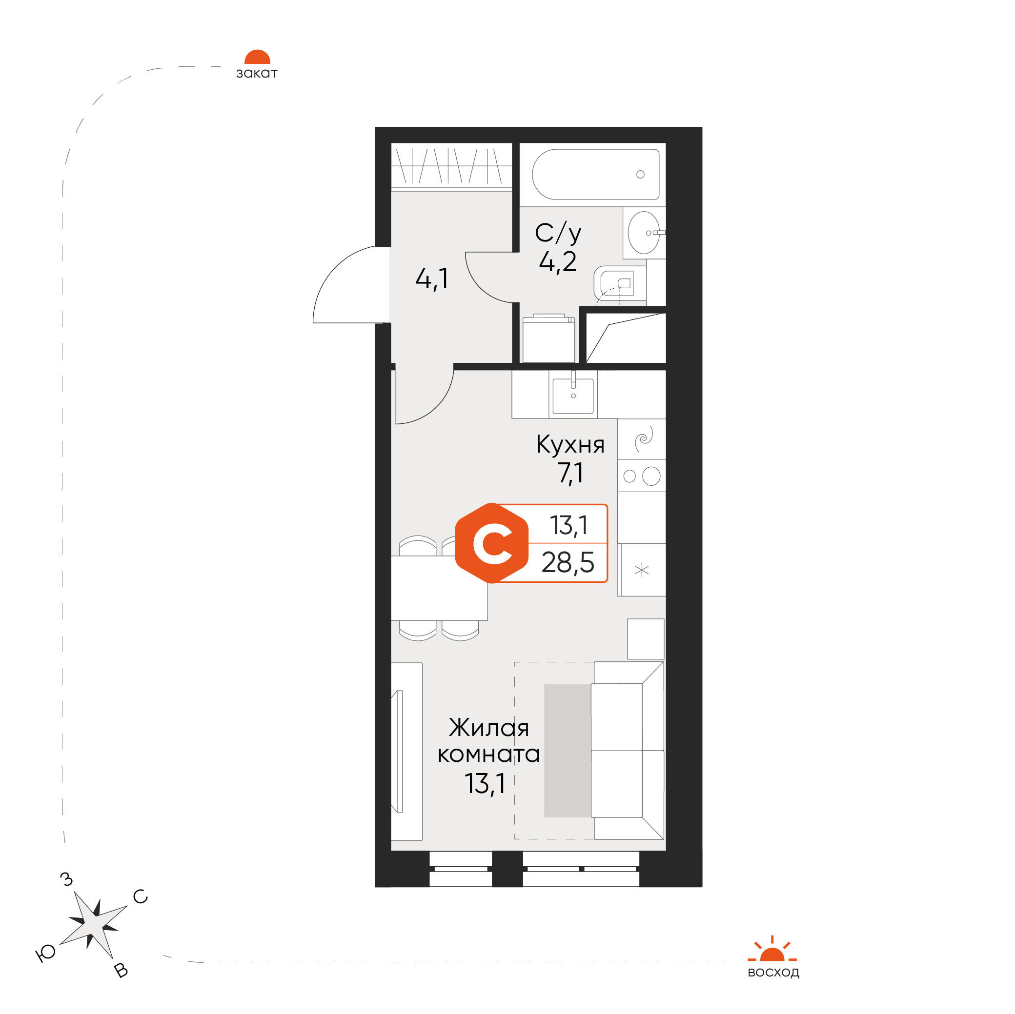 Студия 28 м2 в ЖК Экоград Новый Катуар корпус null этаж 4