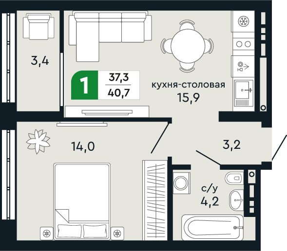 1-комнатная 40 м2 в ЖК Green Park корпус null этаж 6