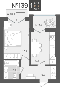 1-комнатная 35 м2 в ЖК Сальвадор корпус null этаж 3
