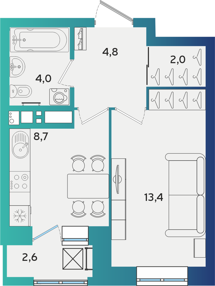 1-комнатная 34 м2 в ЖК Васнецово корпус null этаж 12