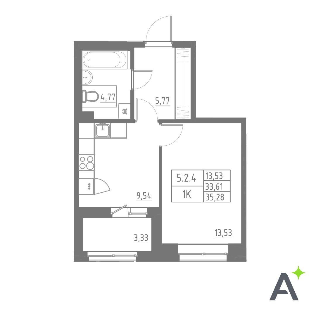 1-комнатная 35 м2 в ЖК Аквилон Солар корпус null этаж 2