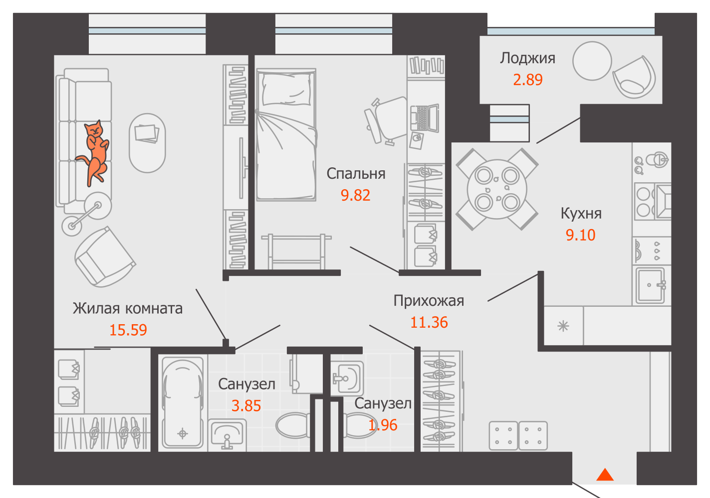 2-комнатная 53 м2 в ЖК ЖК Город Новаторов корпус null этаж 7