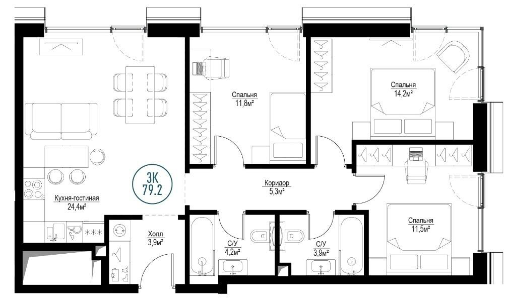 3-комнатная 79.2 м2 в ЖК undefined корпус null этаж 25