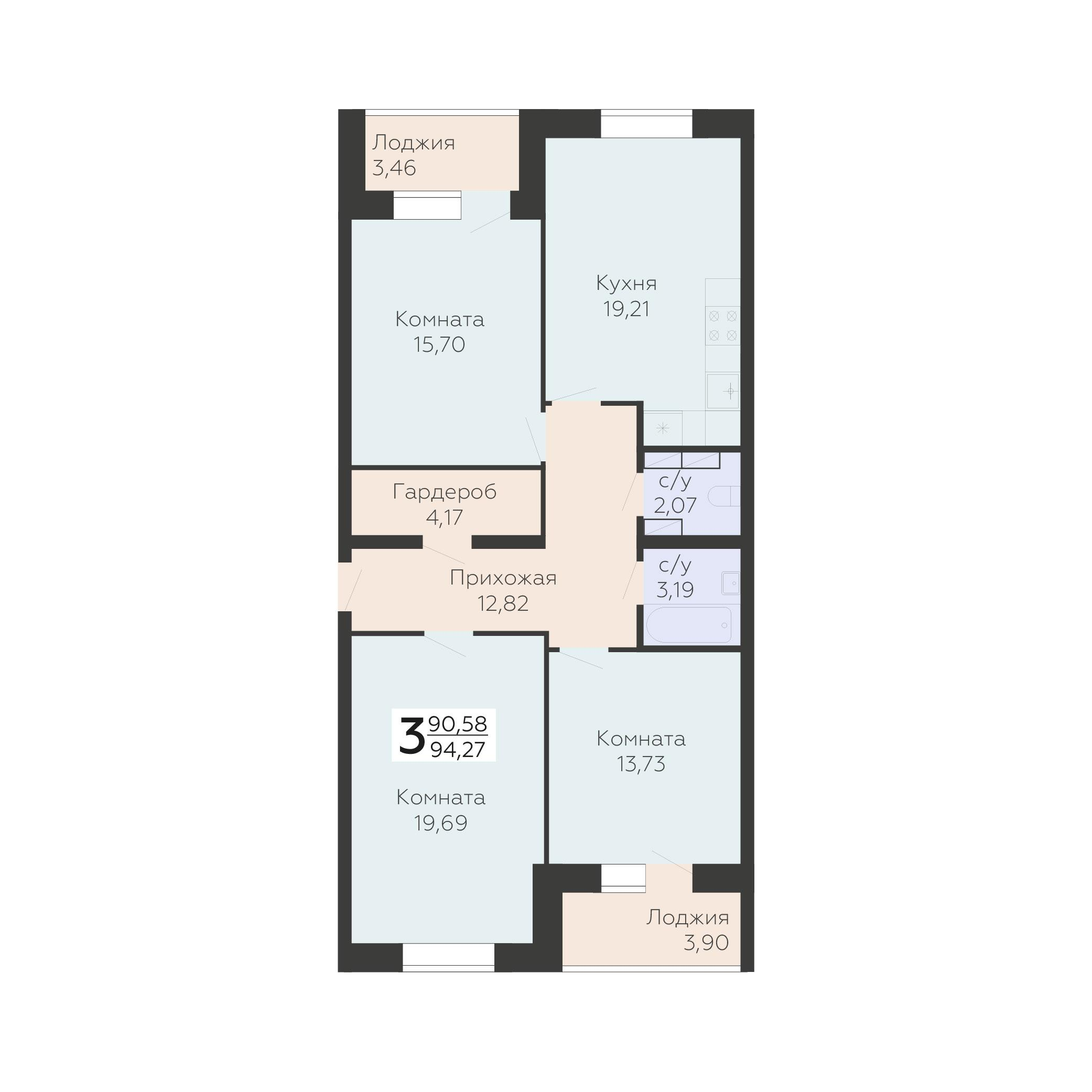 3-комнатная 94 м2 в ЖК Nova парк корпус null этаж 6