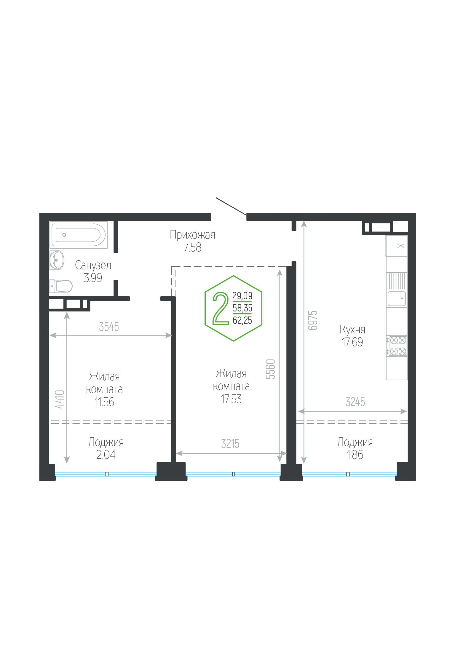 2-комнатная 62 м2 в ЖК Гарантия Прайм корпус null этаж 7