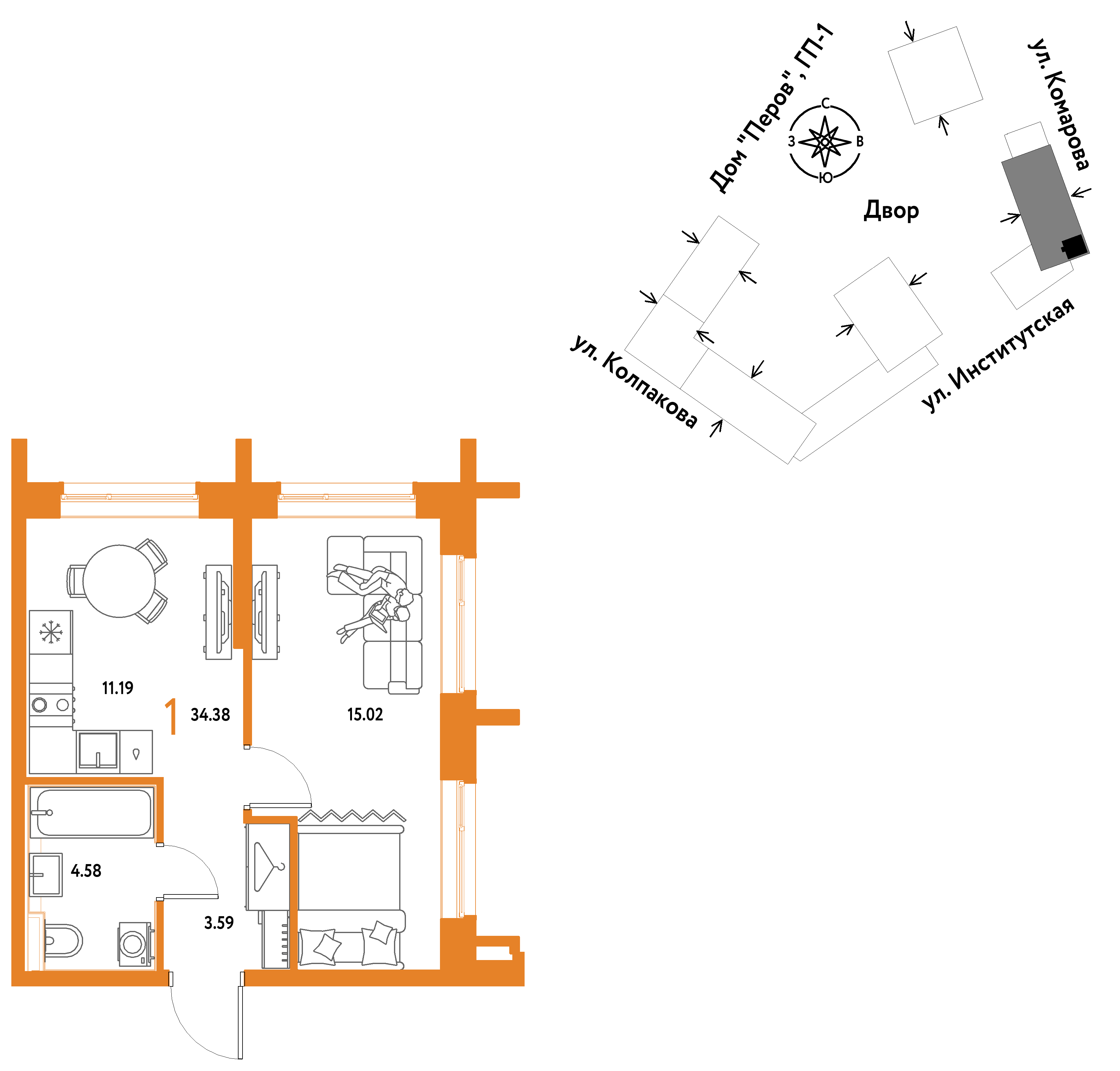 1-комнатная 34 м2 в ЖК Страна.Парковая корпус null этаж 6